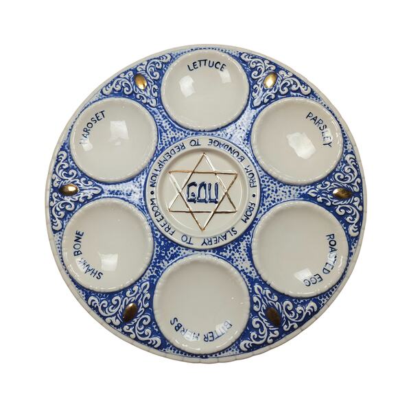 Handmaded Blue White Gold Ceramic  Passover Seder Plate - Picture 1 of 7